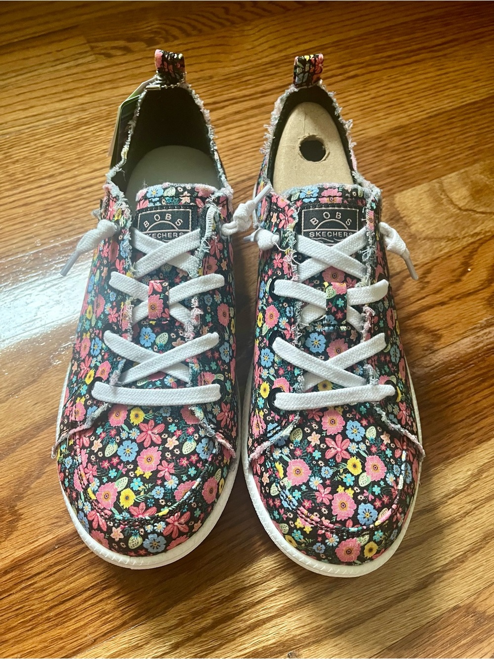 Skechers Womens Floral Slip-On Sneakers - Black with Pink, Yellow & Blue Flowers